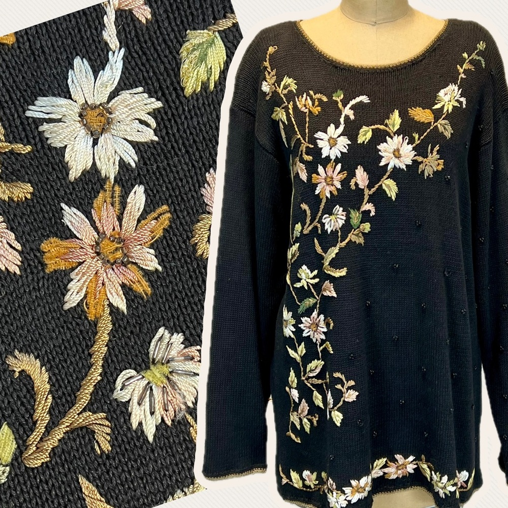 VINTAGE woodland earthy embroider wildflower‎ floral knit sweater long tunic 90s